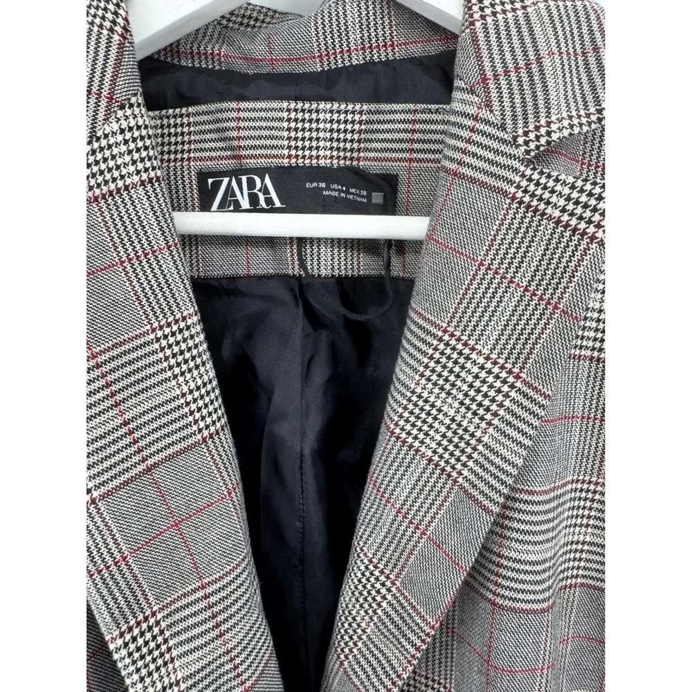 Zara Womens Glen Plaid Blazer Grey Red Check Single‎ Button Tailored Jacket